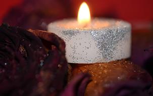 Beautiful burning white candle with silver sequins among the colorful rose flowers