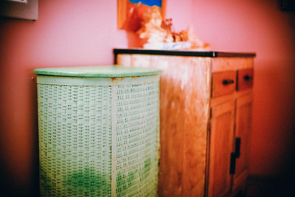 white laundry basket in the bathroom