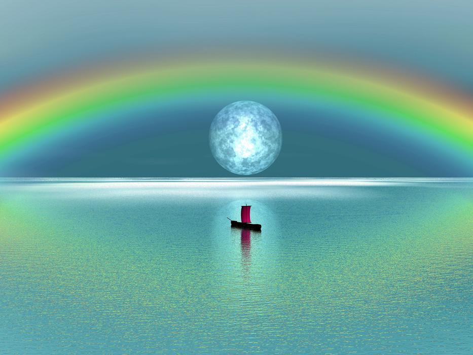 sailing boat lake at rainbow moon