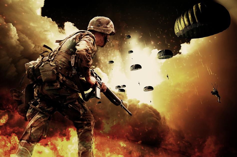 soldiers and paratroopers on the background of explosions