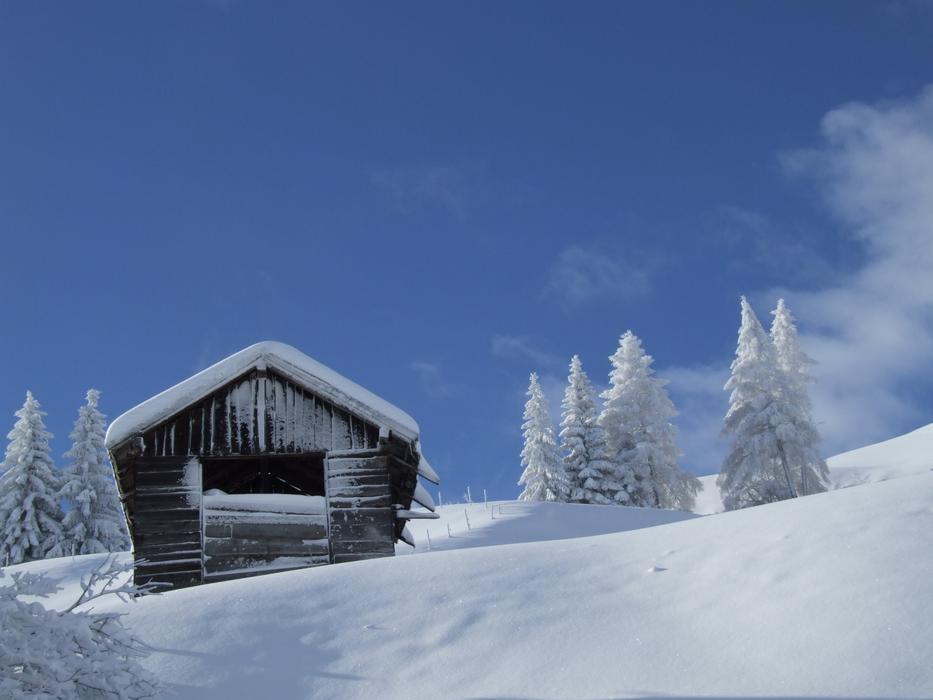 Hut Snowy mountain peak at Winter