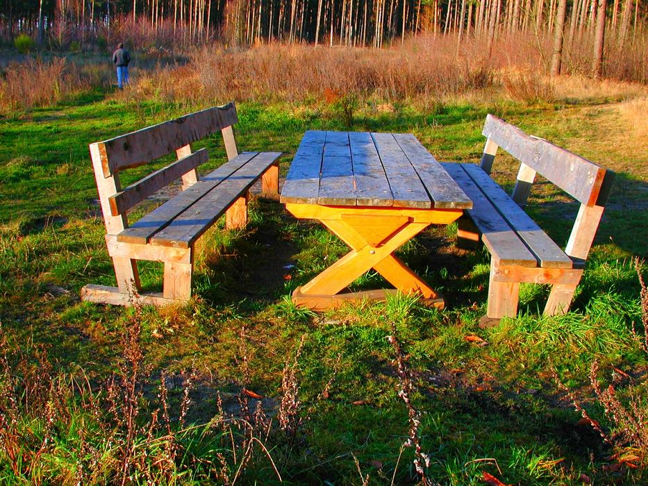 picnic table and benches on green grass