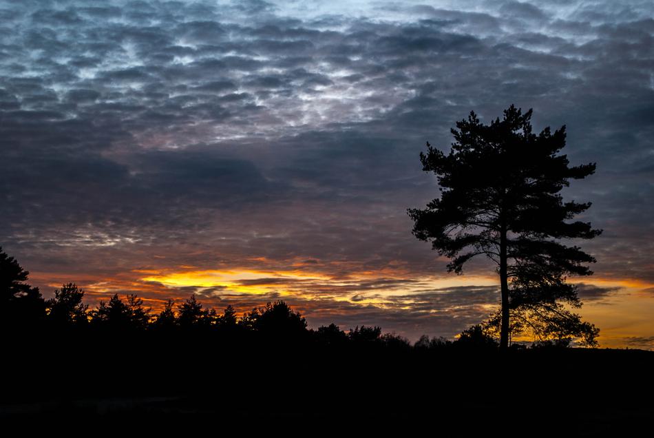 Setting Sun behind clouds, dramatic Sky