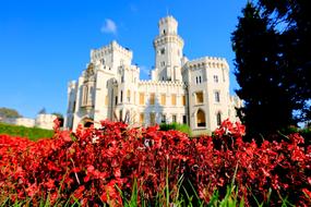 beautiful white castle against a backdrop of flowers