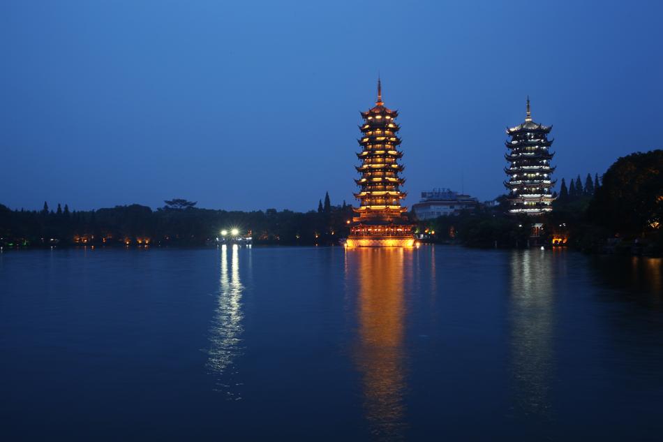 Ancient Tower Stupa Lake Night