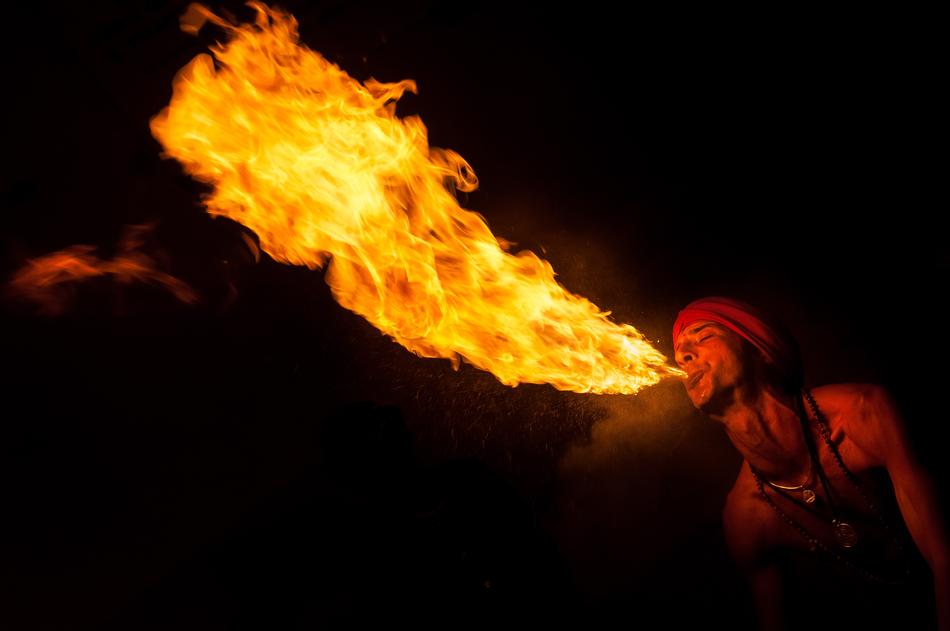 actor blows fire on the show