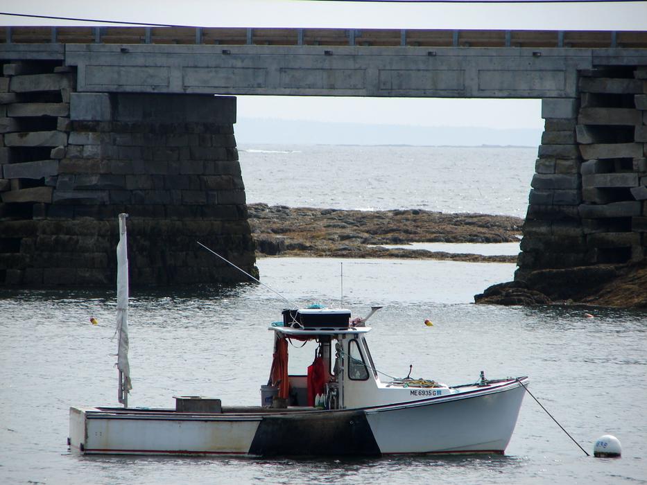 halted boat in the sea near the bridge