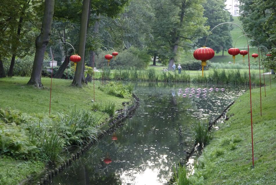 Chinese street lights installed near the river