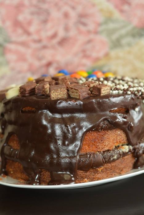 Chocolate cake decorated with waffles