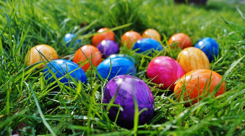 Multicolored eggs lying in the green grass