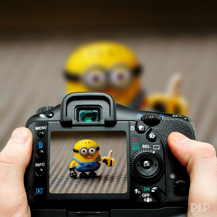 man takes a picture of a minion figurine