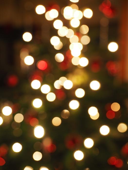 Lights on the Christmas tree in a blurry shot