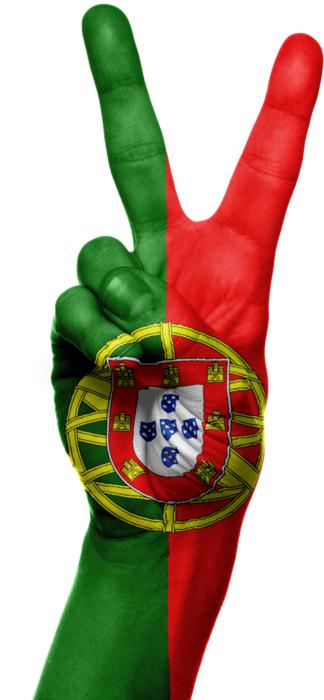 hand with the peace sign and the flag of portugal