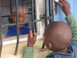 children looking at each other through the window