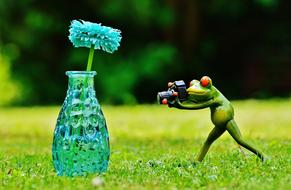 funny figurine of a frog photographer near a vase with a flower