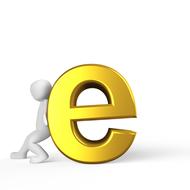 man holds up the letter e