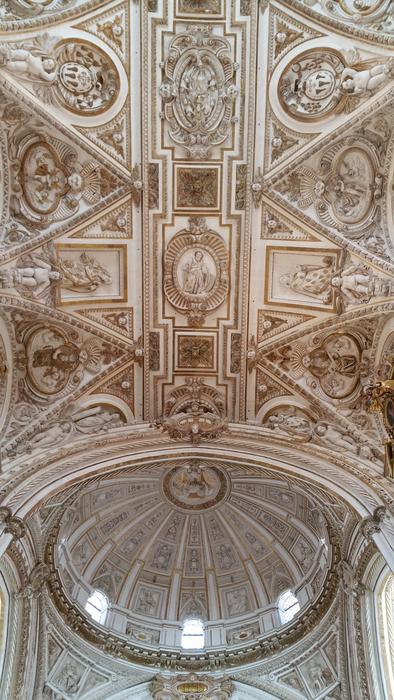 patterned ceiling with a lamp