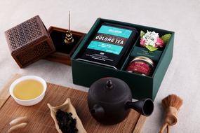 Tea set in a box on the table