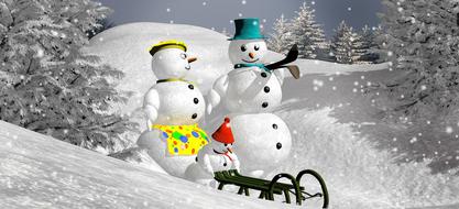 funny snowmen by the sleigh