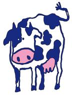 Drawing of the cute, blue, white and pink cow at white background