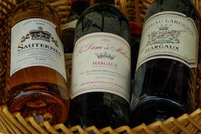 wine bottles in a basket