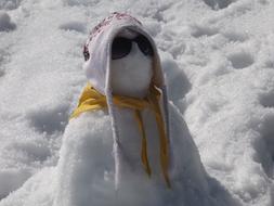 funny Snowman in hat and glasses on Snow