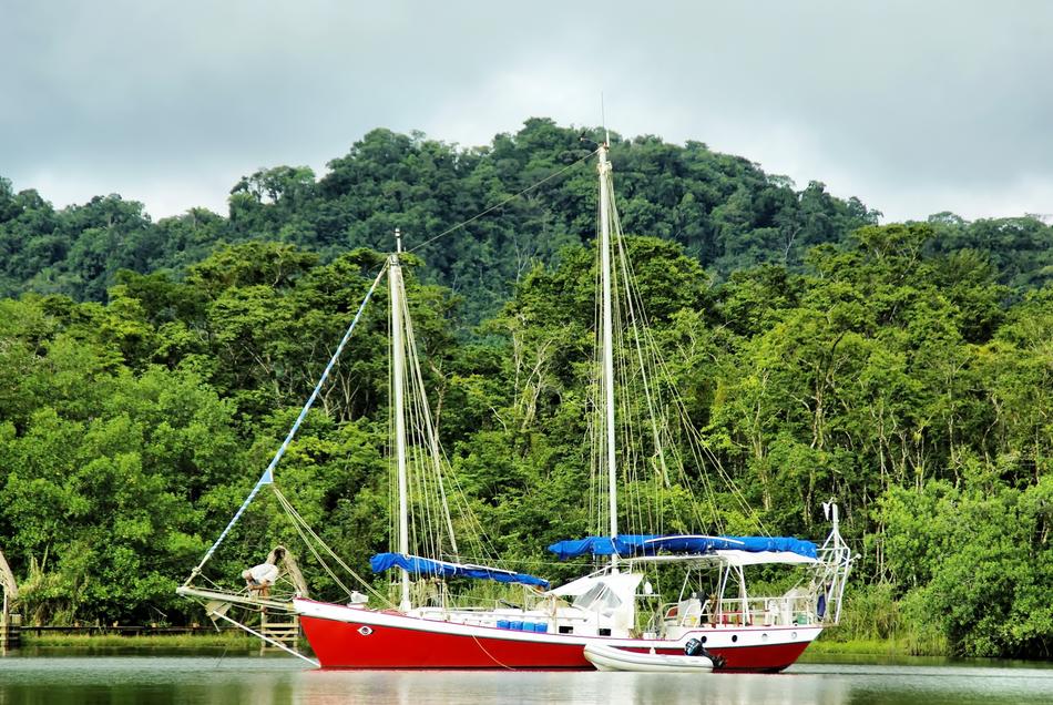 floating ship against a background of trees