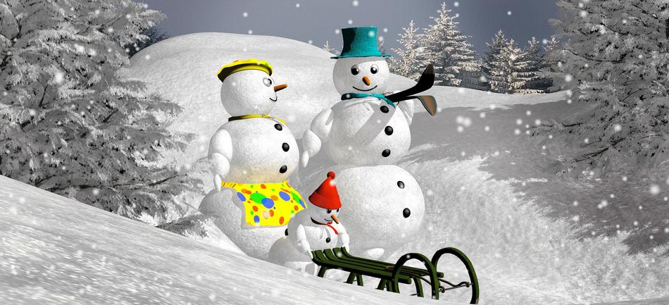 funny snowmen by the sleigh