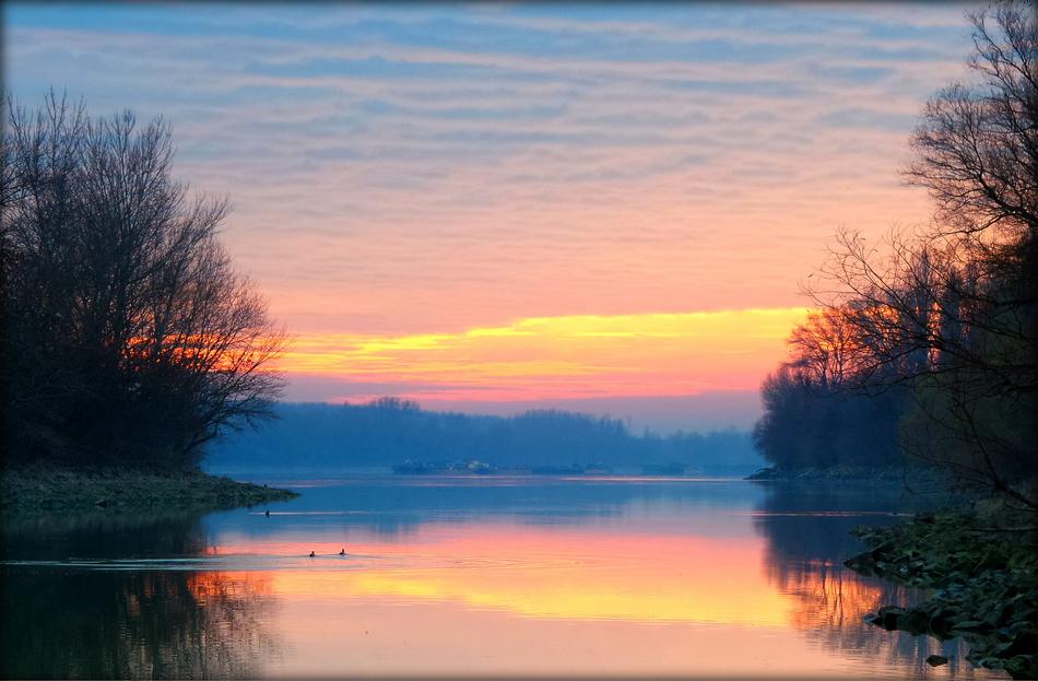 sunrise over the lake in winter