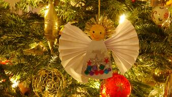 Christmas Tree with decorations, Angel figurine and balls