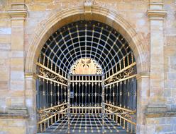 Closed gilded wrought iron gates of historical cathedral
