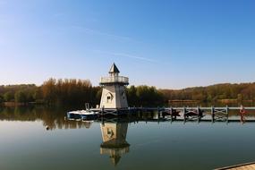 historical Lighthouse on Water near shore at fall