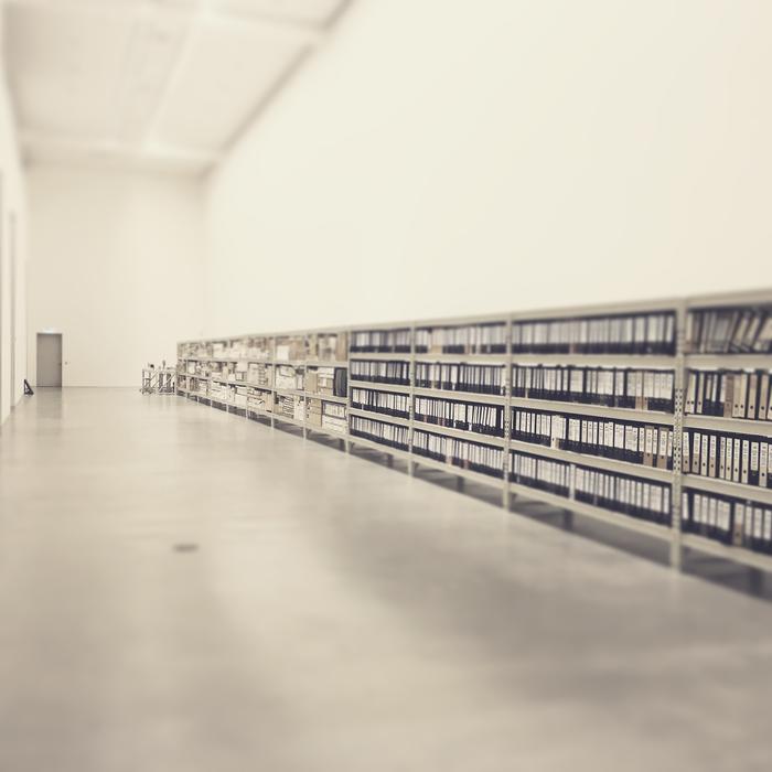 lot of files on long shelves at wall, nobody