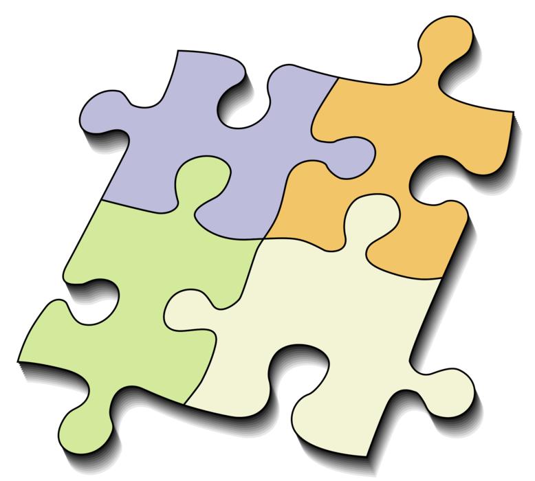 four different color puzzle pieces together