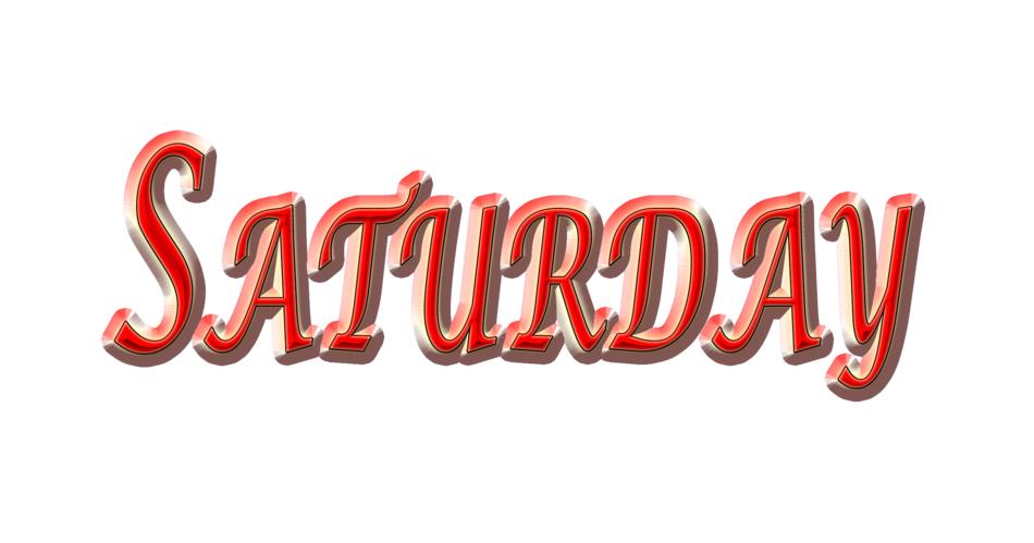 saturday, red embossed lettering