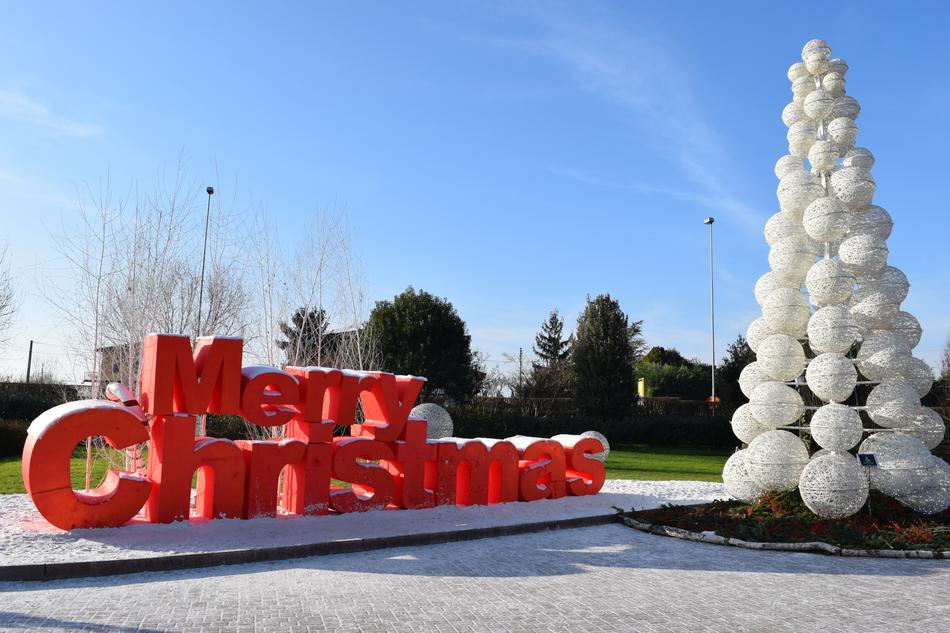 Merry Christmas installation in park, season Greetings