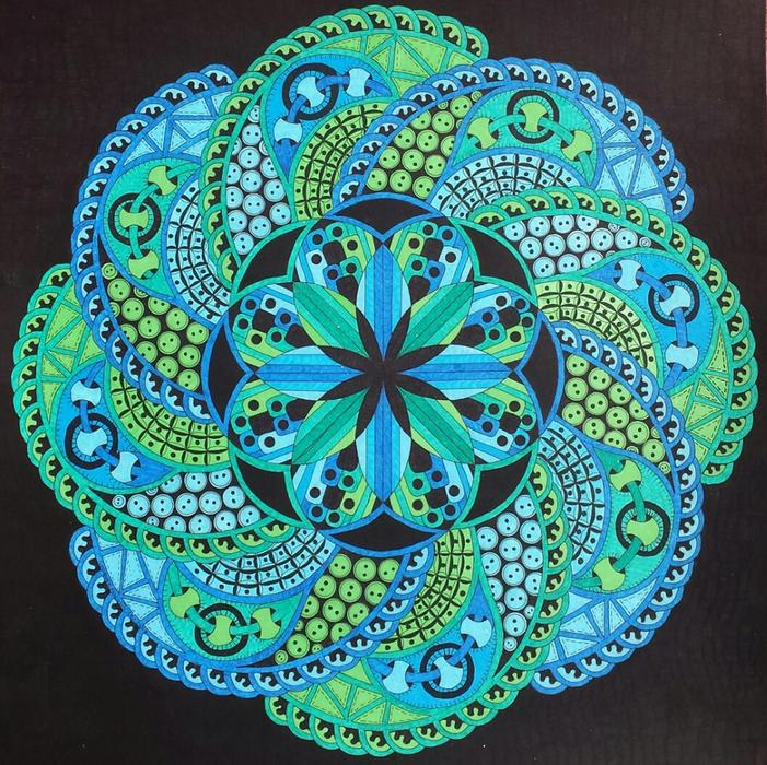 zentangle drawing, blue floral ornament