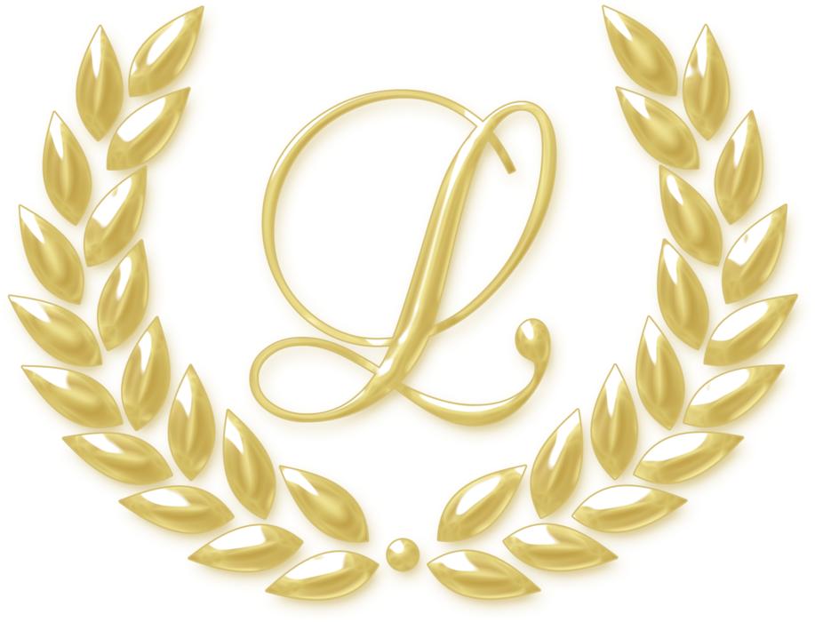 uppercase L letter inside laurels wreath, golden drawing