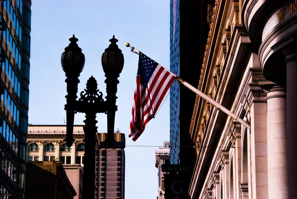 usa flag on the main building