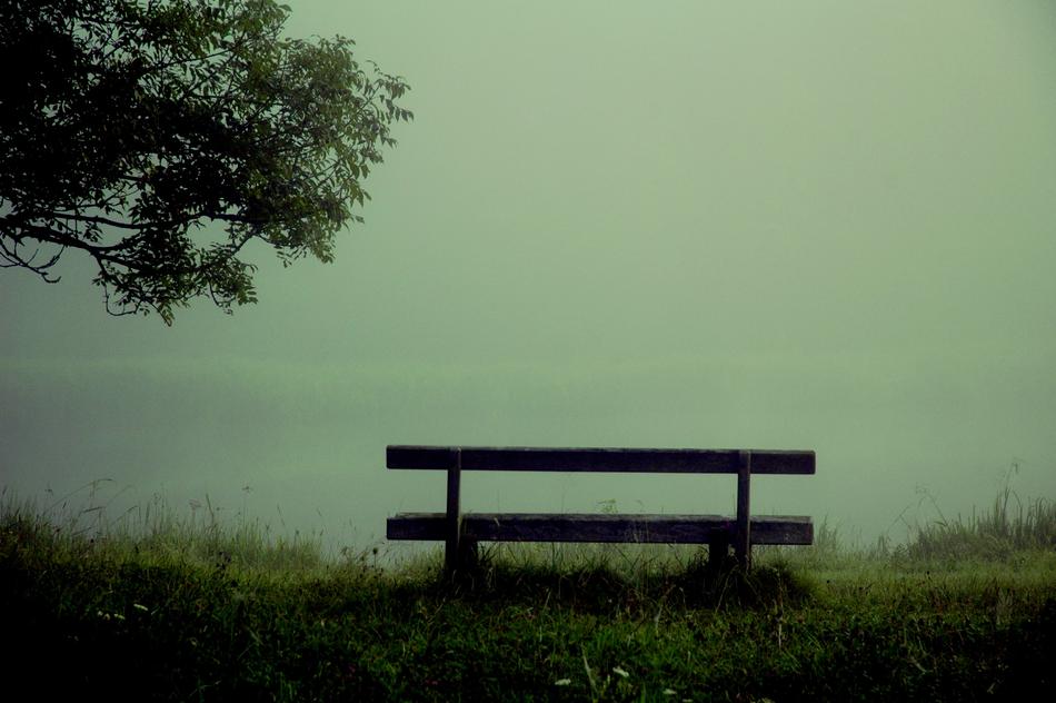 lonely bench on a foggy background
