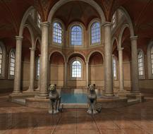 two cheetah statues in front of swimming pool in fantasy interior, digital art