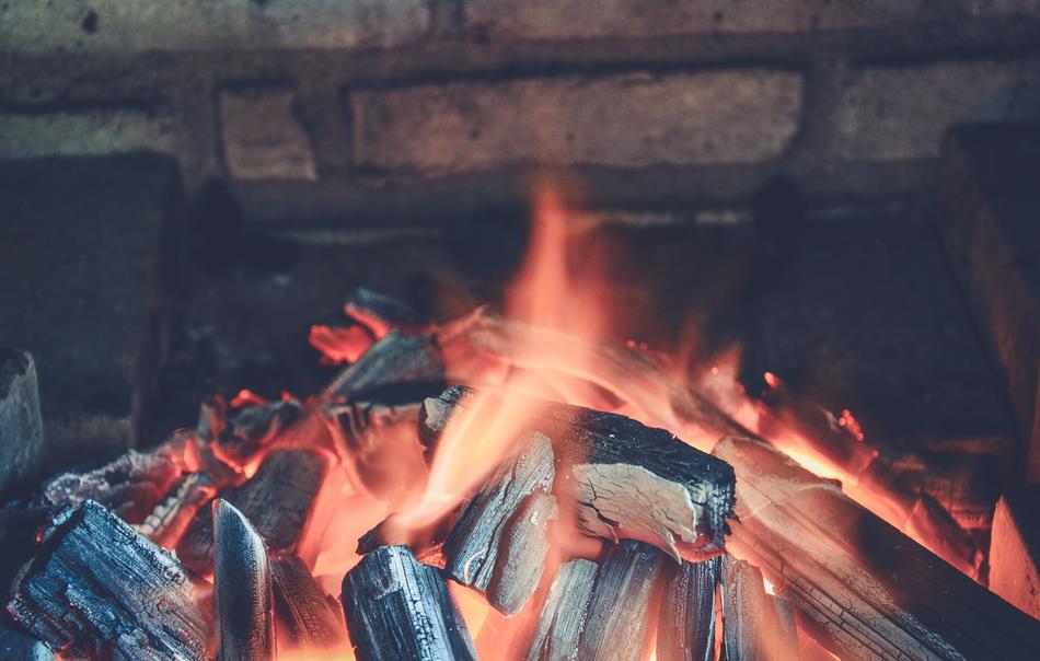 lit fire in the fireplace