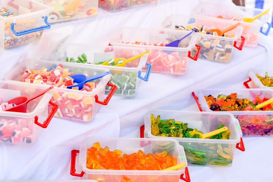 colored candies in a plastic box