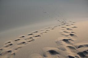 deep footprints on the hot sand in the desert