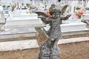 stone sculpture of an angel in a cemetery
