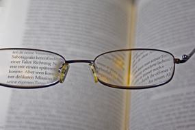 glasses aimed at the letters in the book
