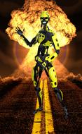 robot against the backdrop of a disaster