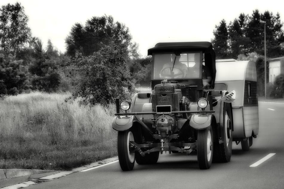 tractor driving down the road