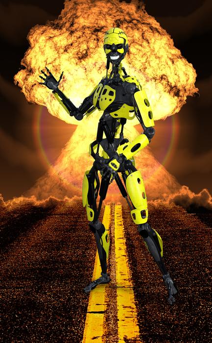 robot against the backdrop of a disaster