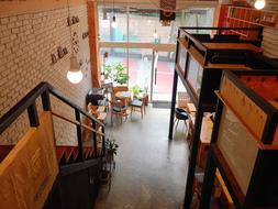 wooden stairs in the cafe